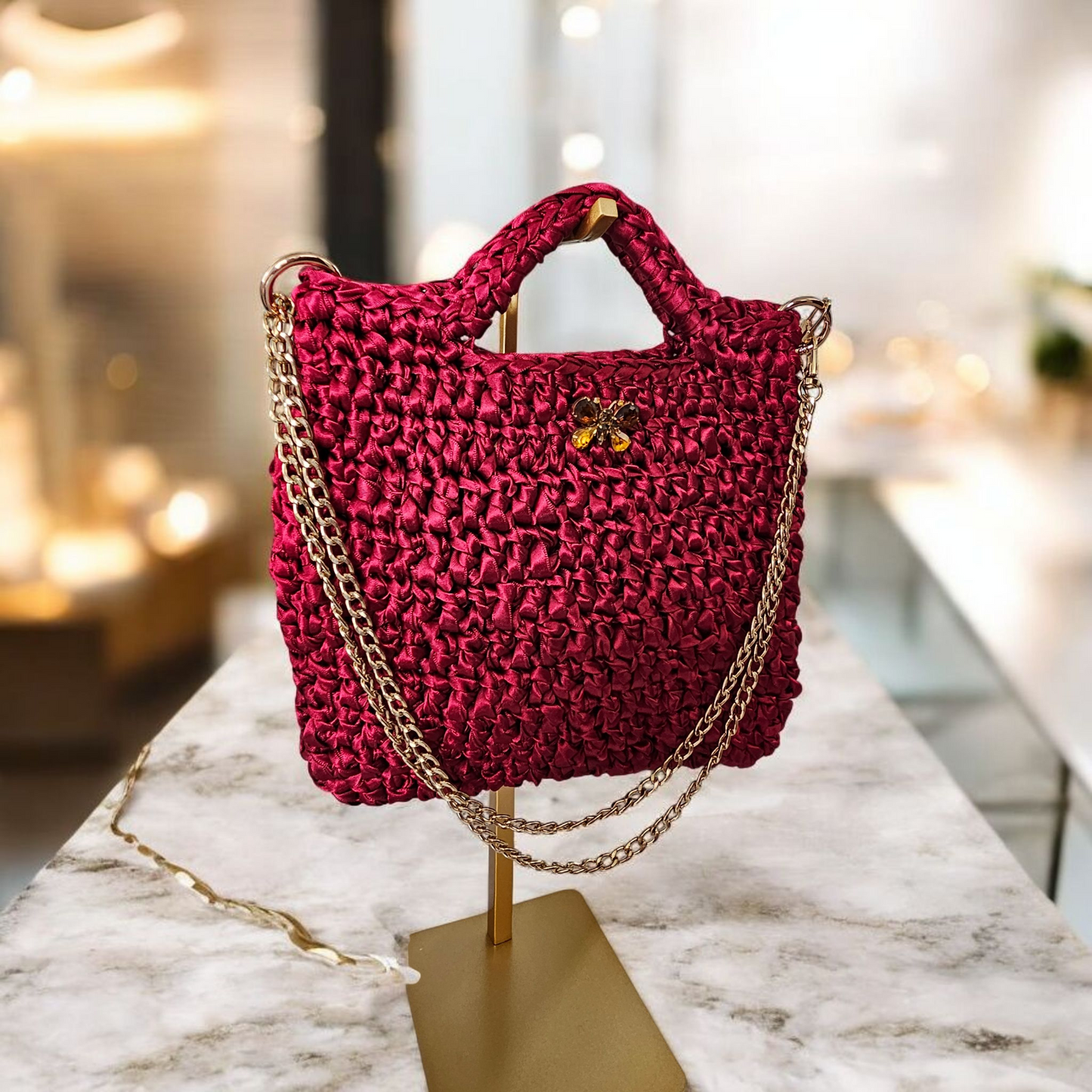 Satin ribbon crochet bag