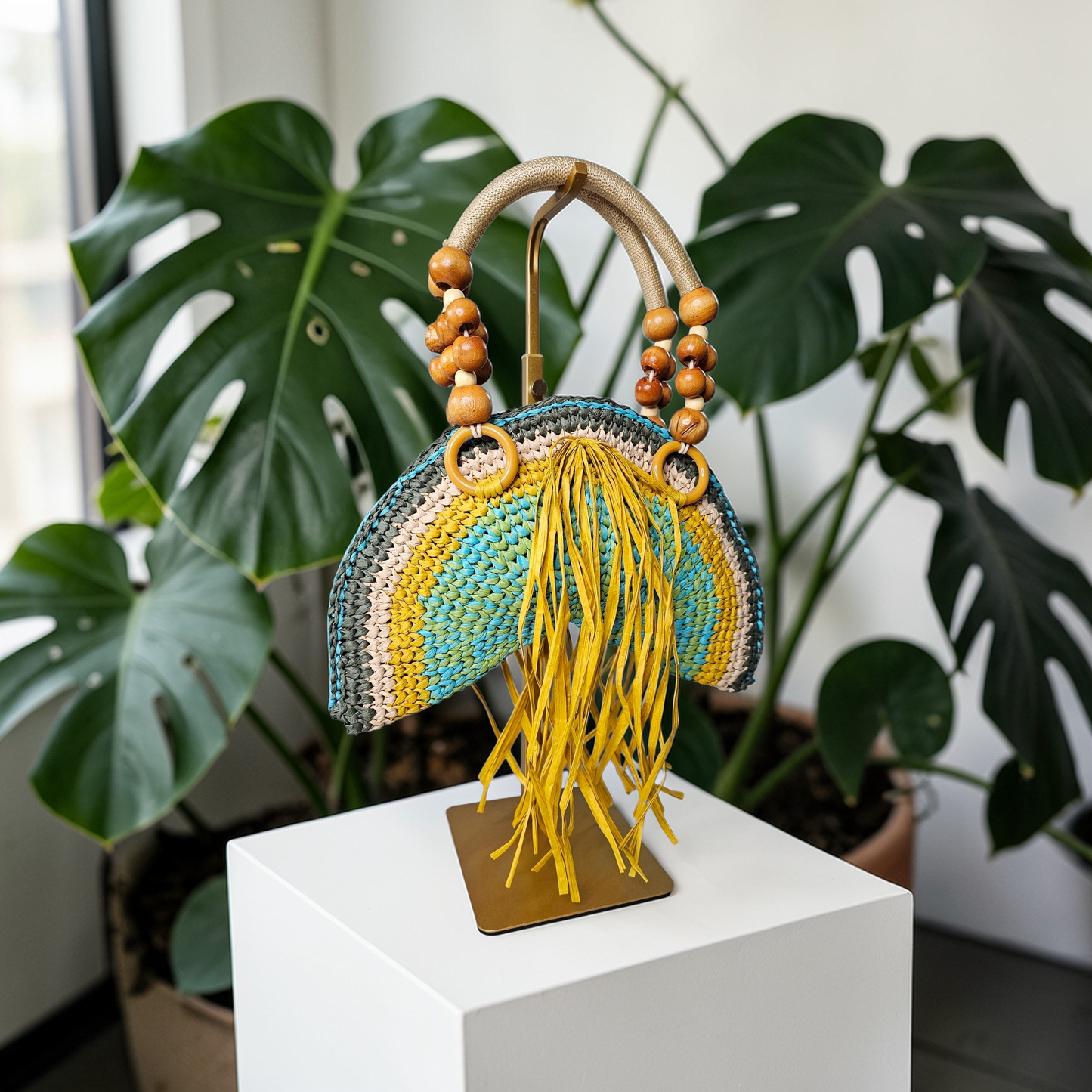 Raffia semi round clutch