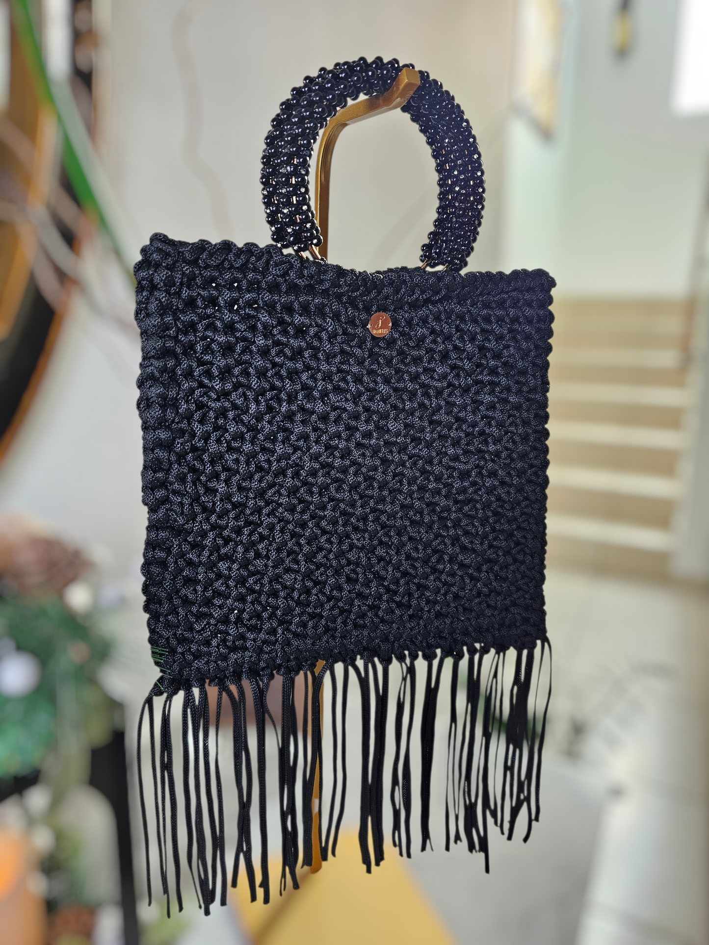 Crochet bag with beaded handle