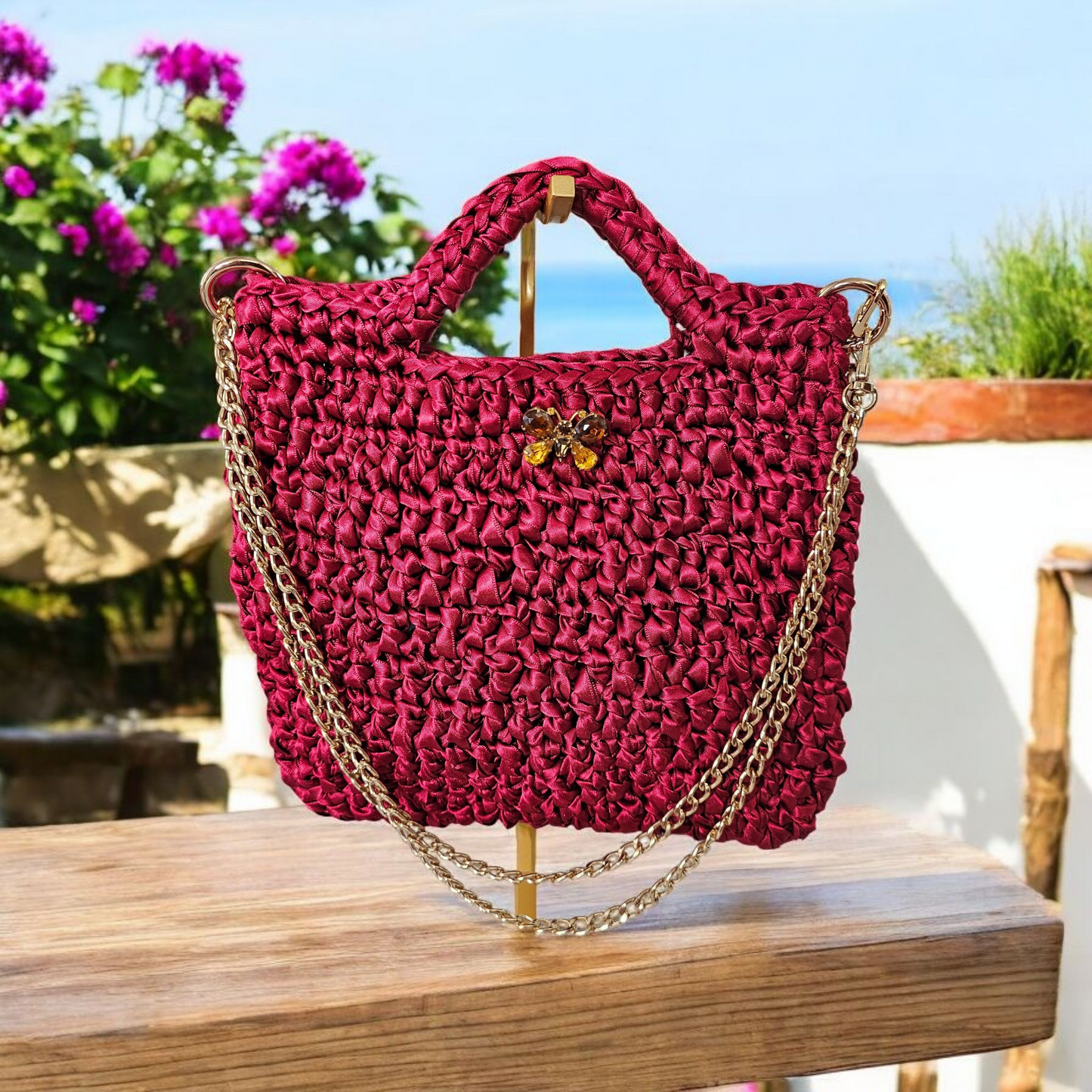 Satin ribbon crochet bag