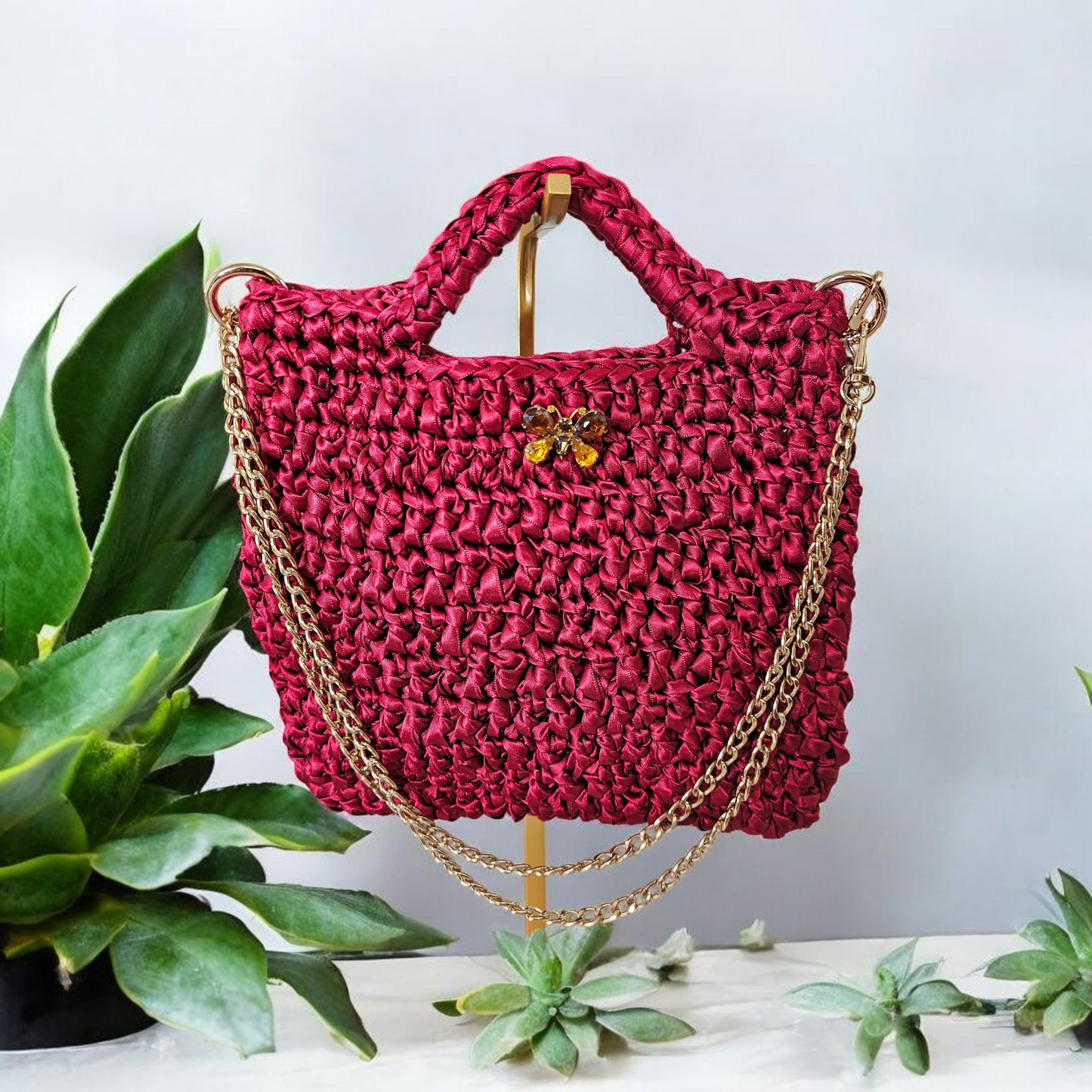 Satin ribbon crochet bag
