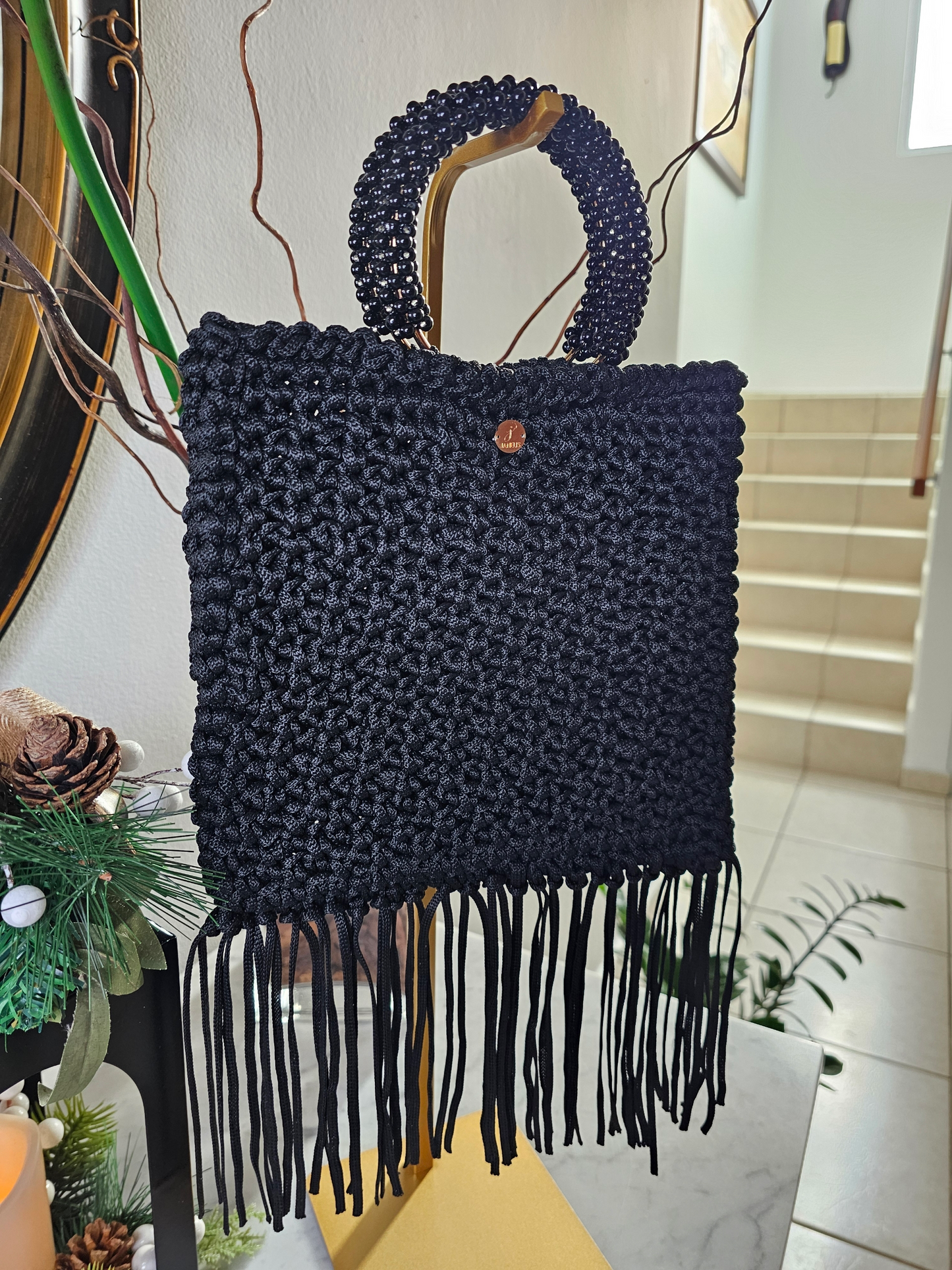 Crochet bag with beaded handle